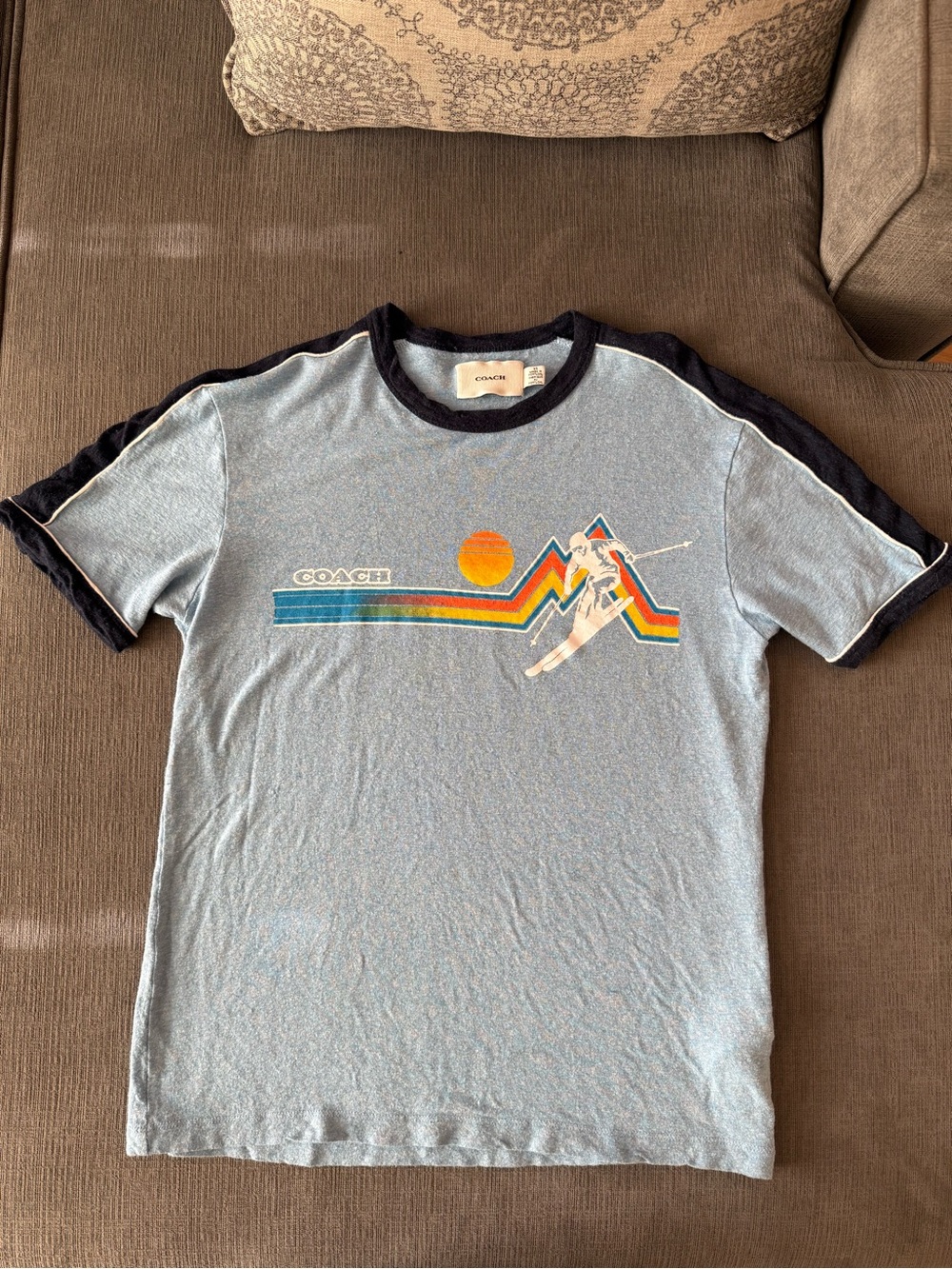 Coach Light Blue Short Sleeve Graphic Ringer Tee with Navy Trim